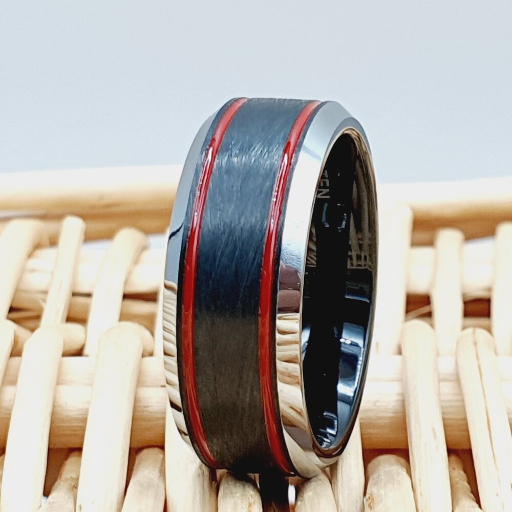 Unisex Tungsten Carbide Ring With Red Accent Stripes And Polished Finish W745